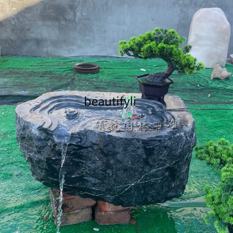 Natural Black Mountain Stone Flowing Water Ornaments Outdoor Courtyard Landscape Pool Waterscape Stone Basin Carving Crafts