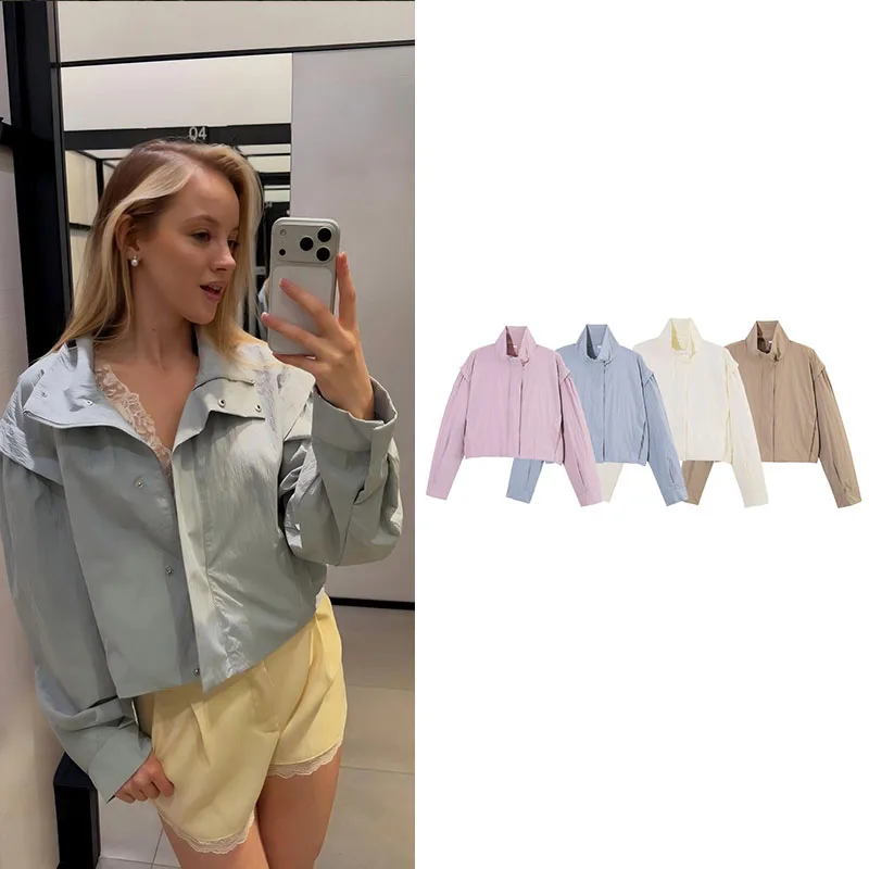 Guobioziy women's top 2026 new style stand collar ruched short lightweight sun-protective long-sleeve jacket outdoor casual