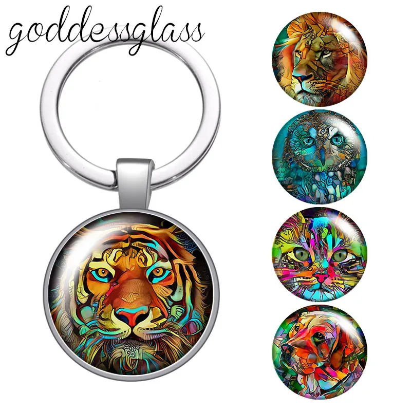 New Art Animals Tiger Cat Owl Lion Face Drawings glass cabochon keychain Bag Car key chain Ring Holder Charms keychains gift