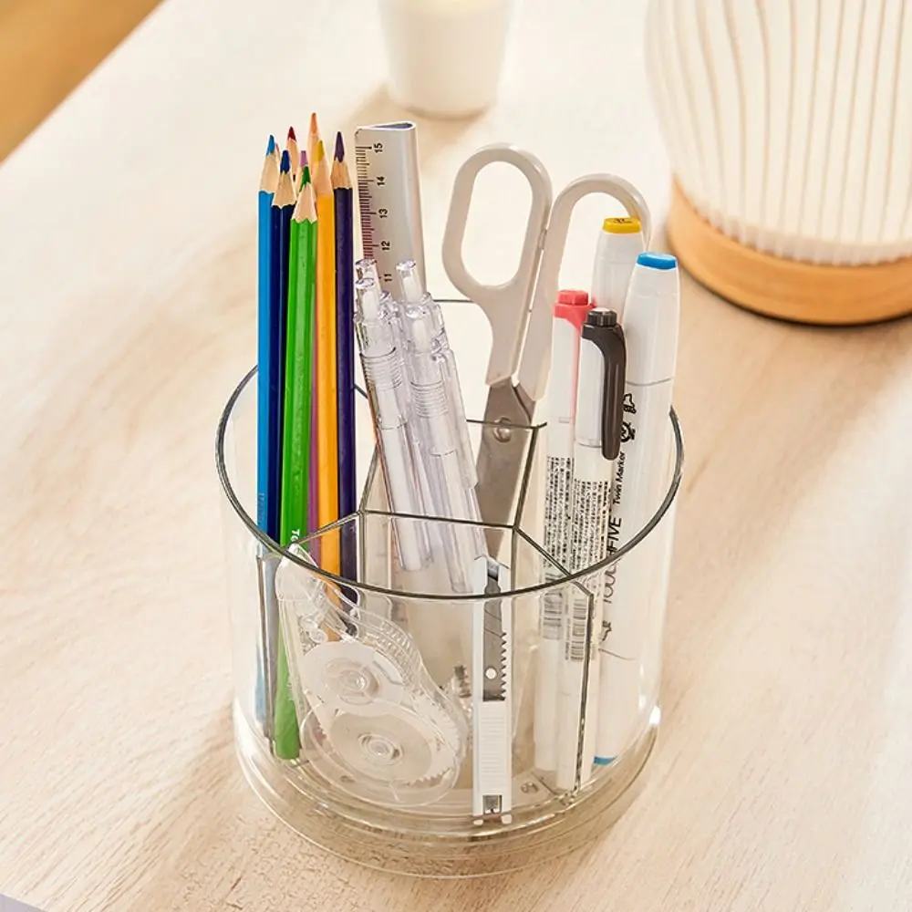 

360° Rotation Rotatable Pen Holder 5 Grids Large Capacity Pencil Storage Box Transparent PET Makeup Brush Organizer Office