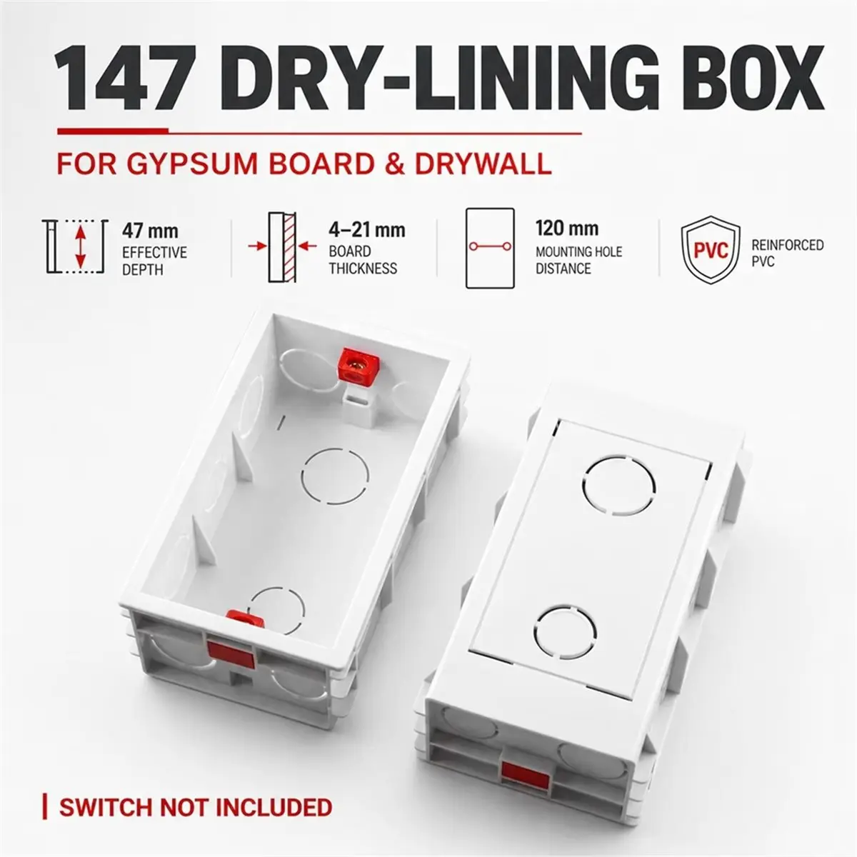 Dry Lining Box Gypsum Board Drywall Plaster Board 47mm Depth Wall Switch Box Socket Cassette Screw Hole Space 120mm 2pc