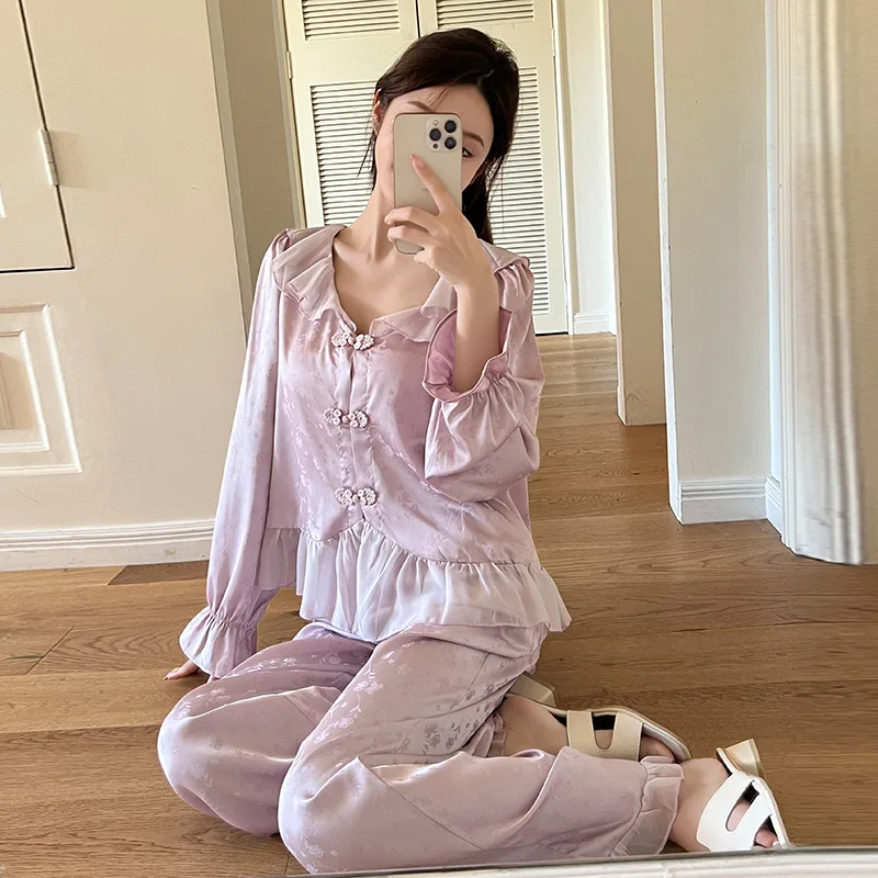 

Spring Ruffles Lace Lapel Long Sleeve Shirt Pants Pajamas Women Jacquard Satin Sleepwear Home Clothes Loungewear