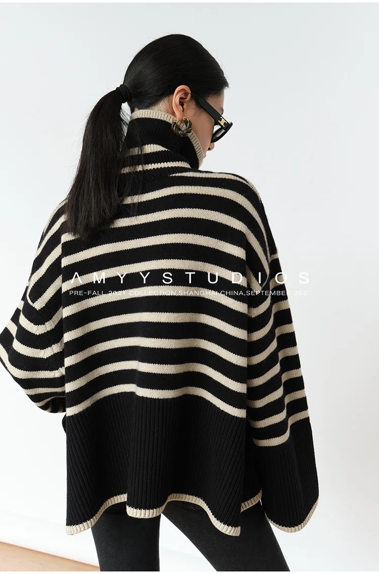 Lightweight Sweaters for Women Women Striped High Collar Sweaters Loose Knitted Pullover Oversized Jumper Top