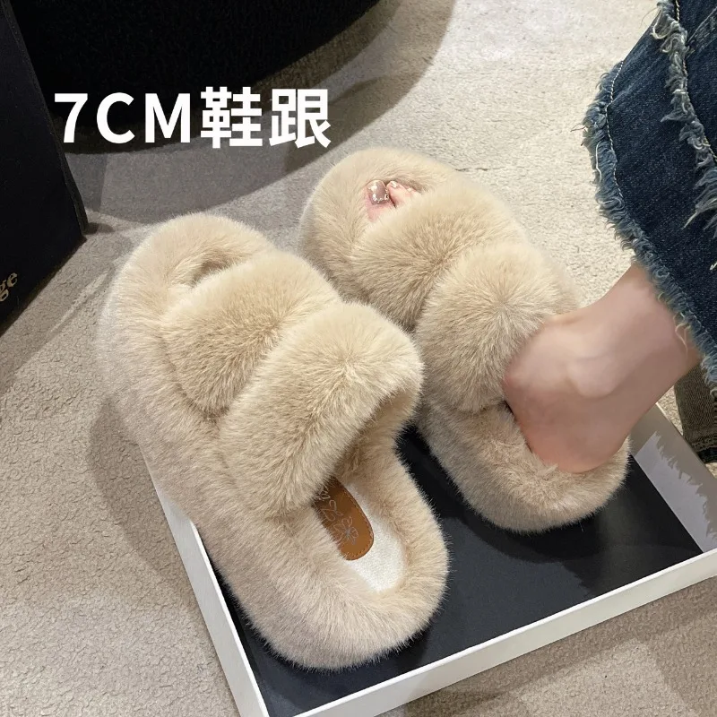 

New Autumn/Winter Thick Sole Fuzzy Slippers for Women, Flat Platform Toe Warm Cotton Slippers for Outdoor Wear