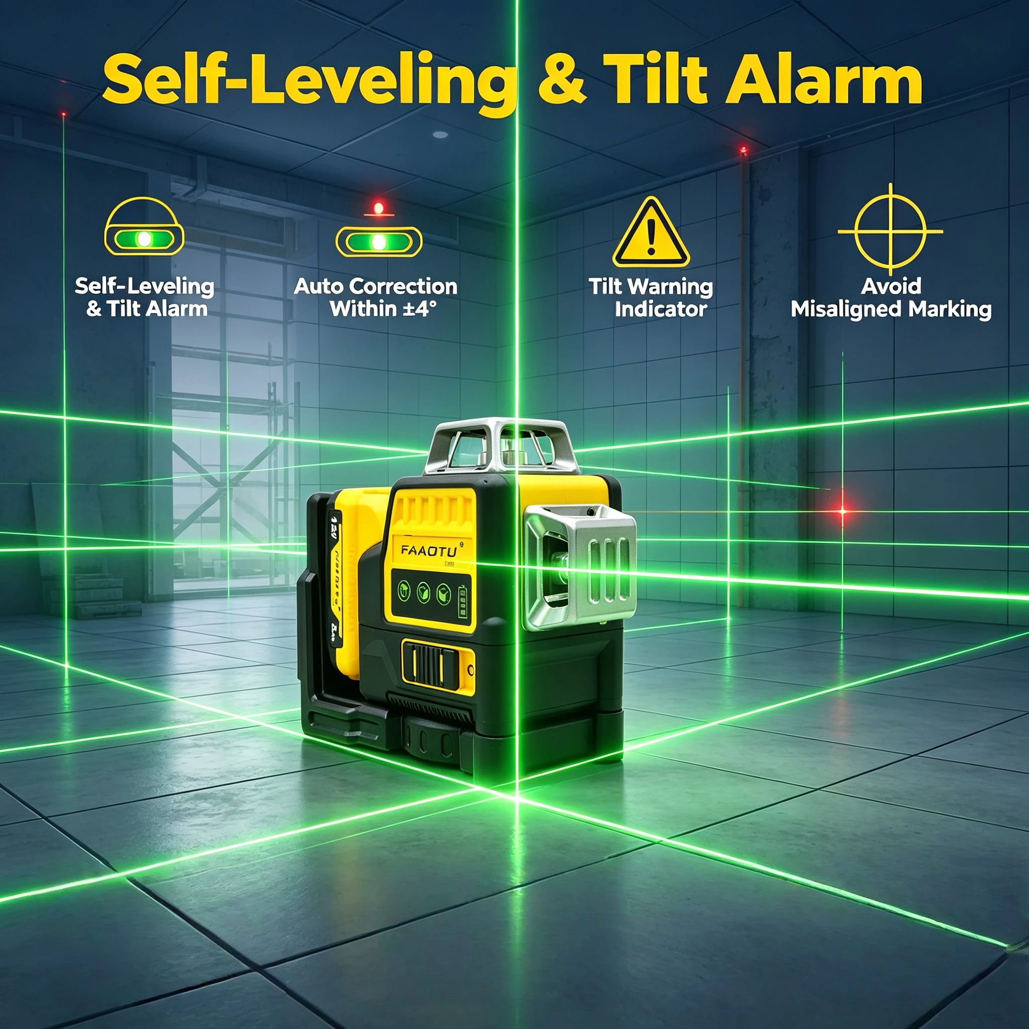 FAAOTU 12V Green Beam Laser Level, Same Tough Reliability as DW, Perfect for Construction Suitable for DW battery