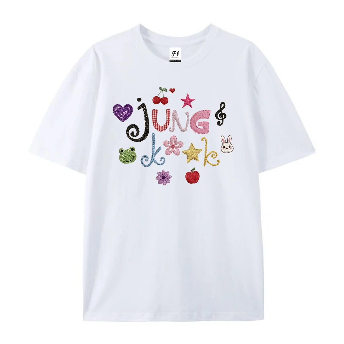 `Jung K Cute Patchwork Letter Graphic T‑Shirt Colorful Heart Cherry Star Music Note Frog Rabbit Flower Apple Cartoon Print Tees