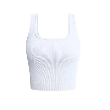 女士純色方領羅紋吊帶背心 女士夏季基本款彈性無袖露臍上衣 6 最佳銷售 無袖露臍上衣 - №3