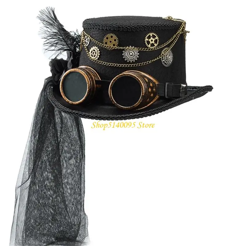 

DXAE Elegant Dark Flower Mesh Veil Tall Hat with Metal Gear and Goggles For Theme Parties Photography Victorian Event Wear