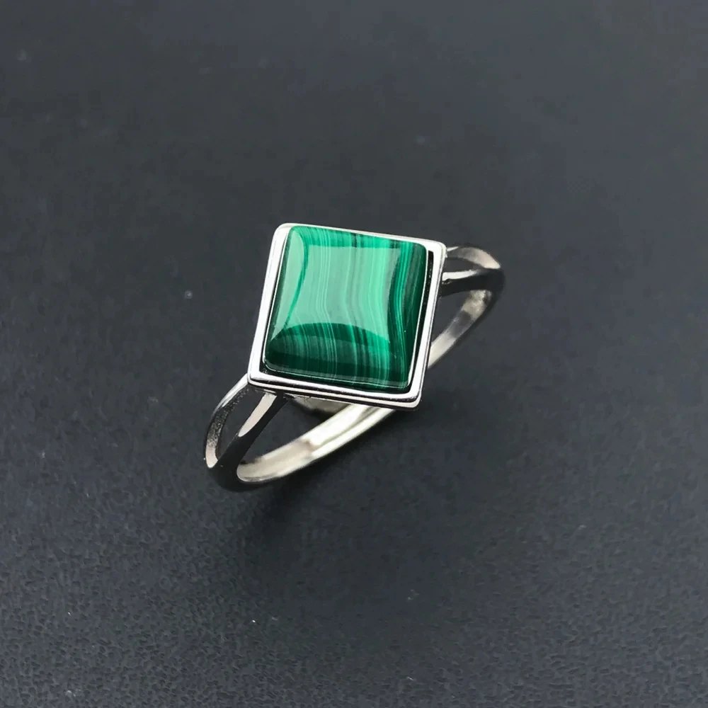 Trendy Natural Malachite Ring Sterling 925 Silver Square 8mm for Women Femme Birthday Wedding Party Trendy Jewelry Gift