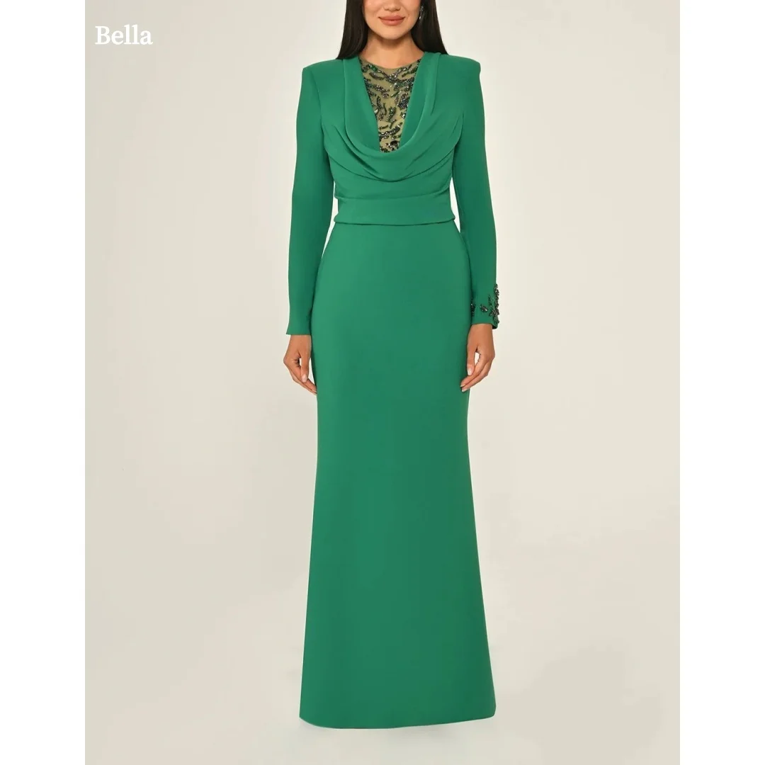 

Bella Customized Women Emerald Green Cowl Neck Prom Dress Long Sleeve Beaded Slim Mermaid Maxi Party Dresses robes de soirée