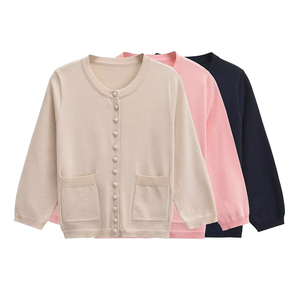 PB&ZA2024 early autumn new women's simple pink flat needle French sleeve long sleeve round neck knitted jacket