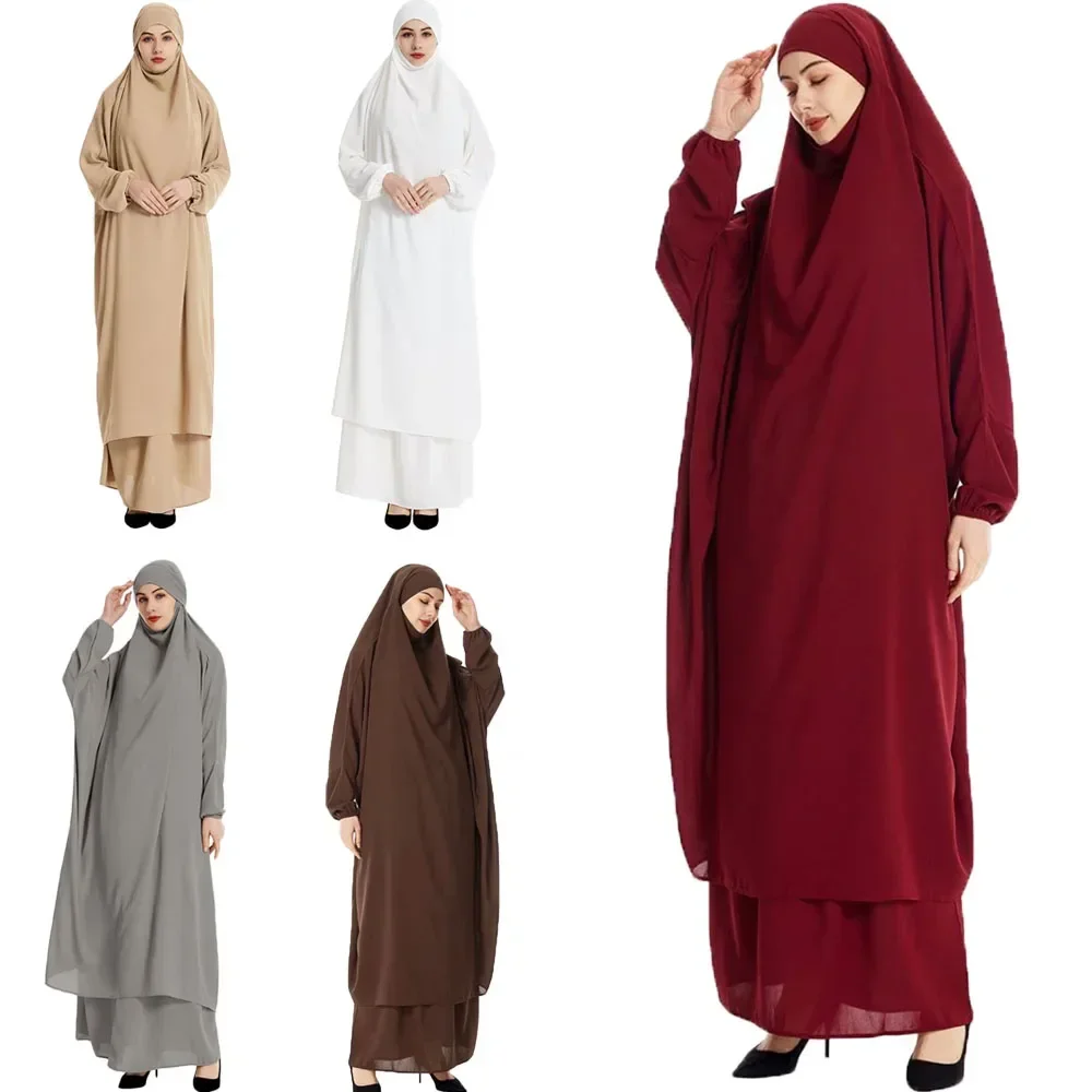 2pcs Muslim Set Women Hooded Khimar Islam Prayer Garment Robe Hijab Dress Niqab Abaya Nikab Skirt Ramadan Eid Djellaba Jalabiya