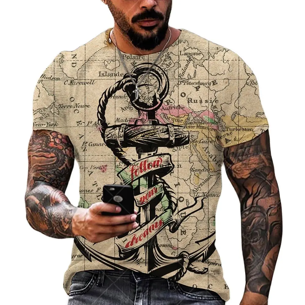 3D printed Boat Anchor printed men's T-shirt summer fashionable round neck short sleeved T-shirt casual T-shirt top loose oversi