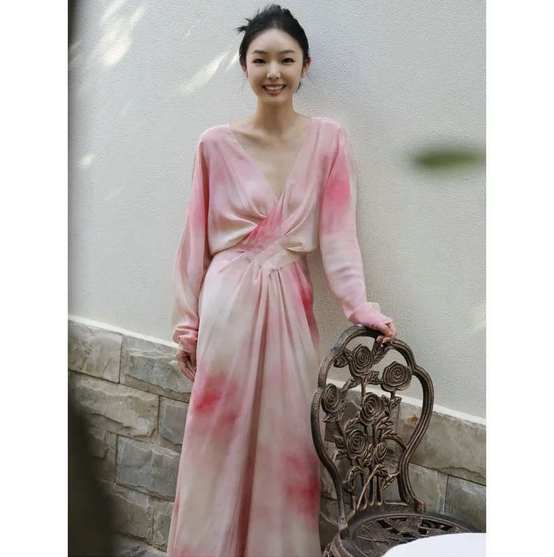 Women Genuine Silk V-Neck Long Dress Spring/Summer Female Ink Halo Dye Printed Long Sleeve Slim Dresses