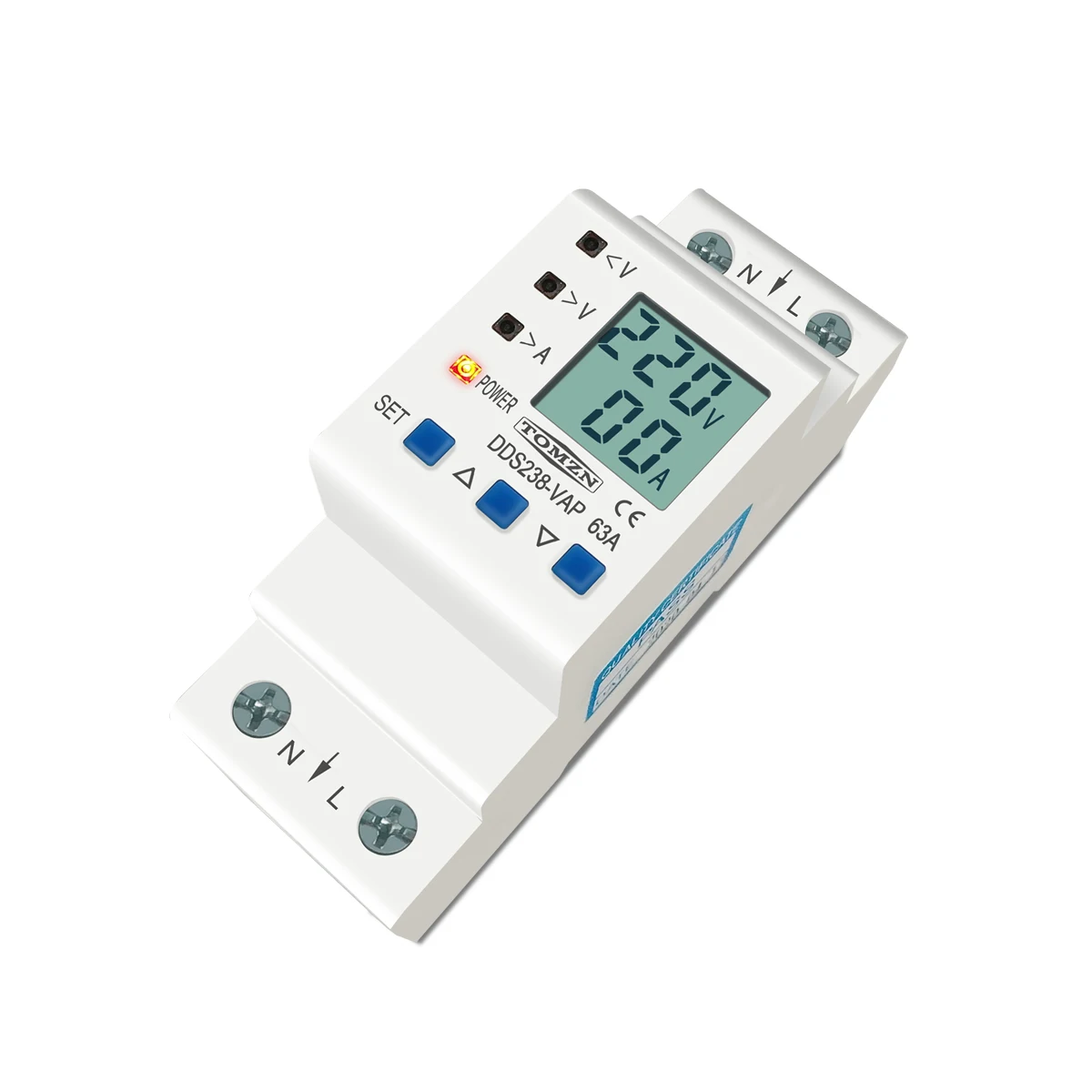 TOMZN 63A 80A 110V 230V Din rail adjustable over under voltage protective device current limit protection Voltmeter ammeter Kwh