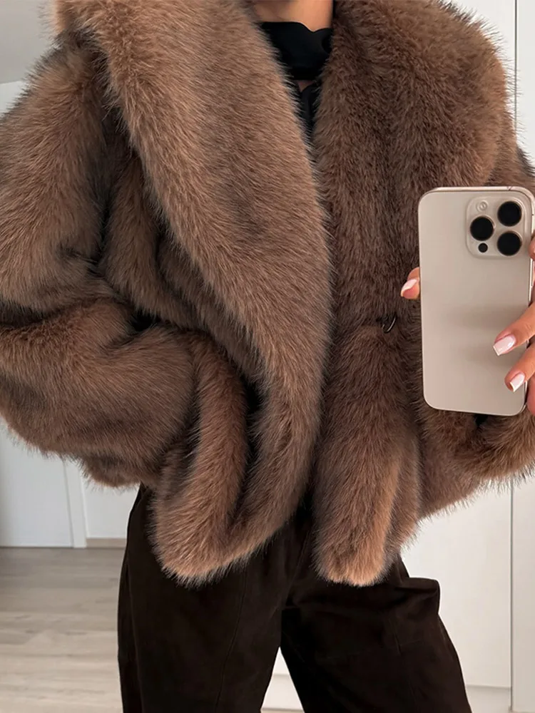 Manteau court en fausse fourrure pour femme, veste Flfry, gros revers, manches longues, streetwear féminin chic, respirant et chaud, luxe, nouvelle