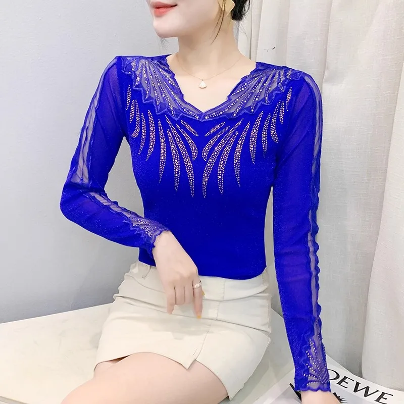

New European Clothes Fashion Shiny Diamonds Women T-shirt High Quality Sexy Mesh Tops Autumn All Match Tees Blouse