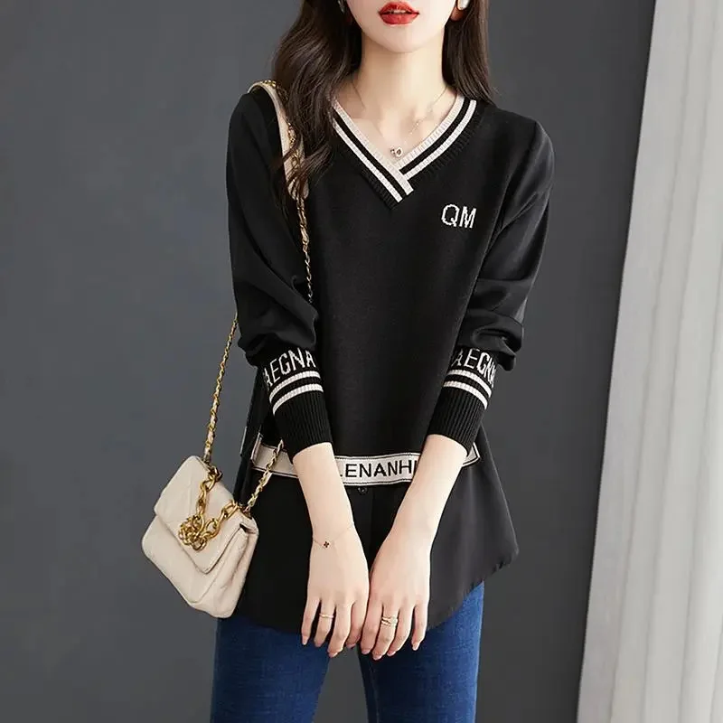 Spring Autumn Casual Sweater 2024 New V-Neck Loose Women's Clothes Pullover Shirt Solid Colour Fashion Printing Knitwear Female