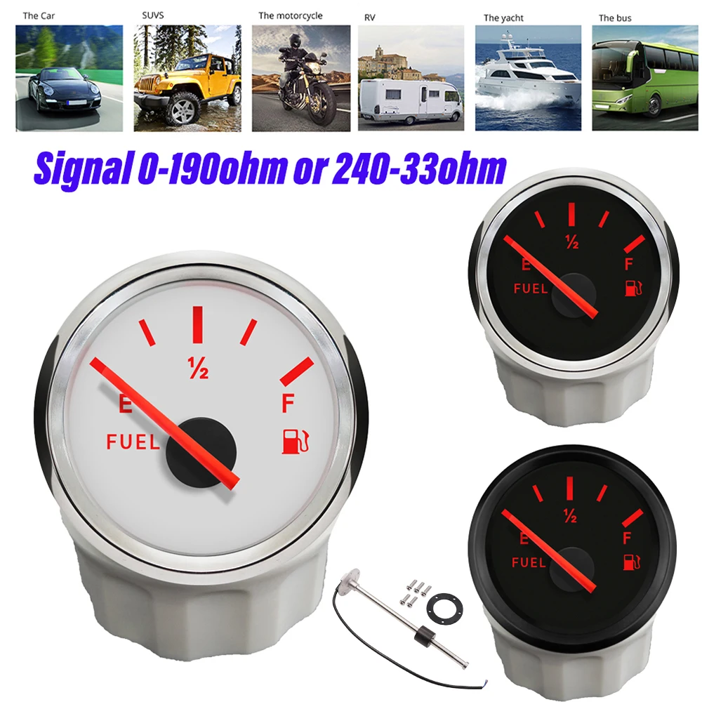 RHAXEL 52mm (2'') Fuel Level Gauge 0-190/240-33ohm Signal for Car Sailboat with Red Backlight 12Volt 24V 150-225mm Level Sensor
