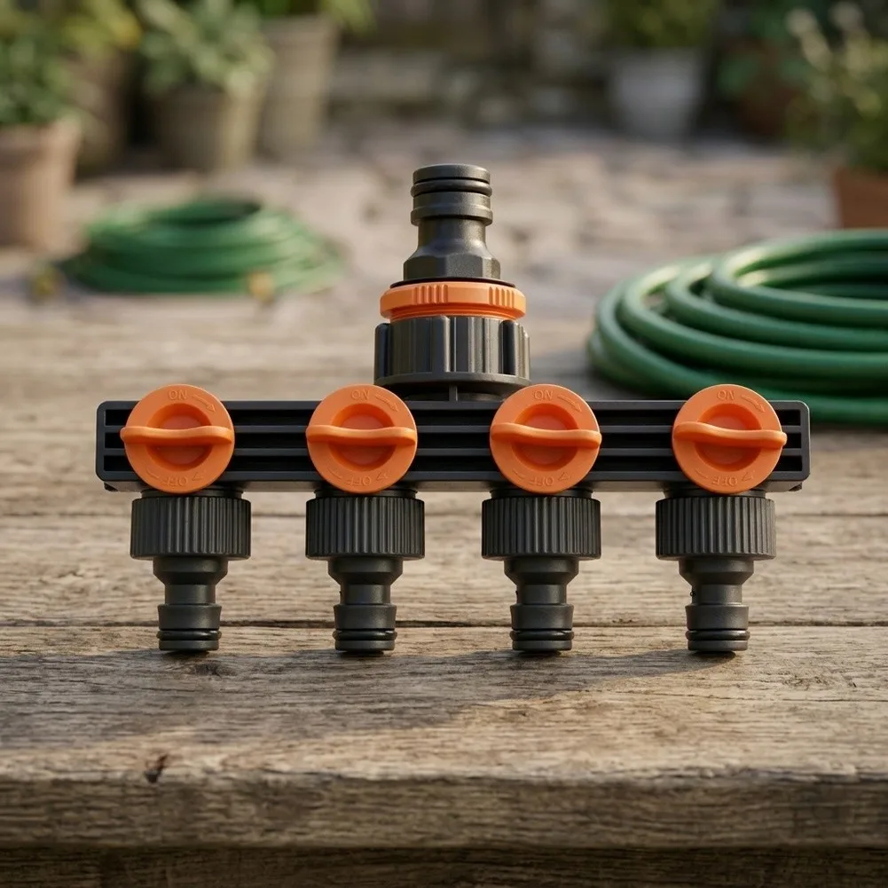 Garden 4-Way Water Distributor with Threaded For Tap Connection and 4 Sealed Ball Valves for Efficient Irrigation Setup