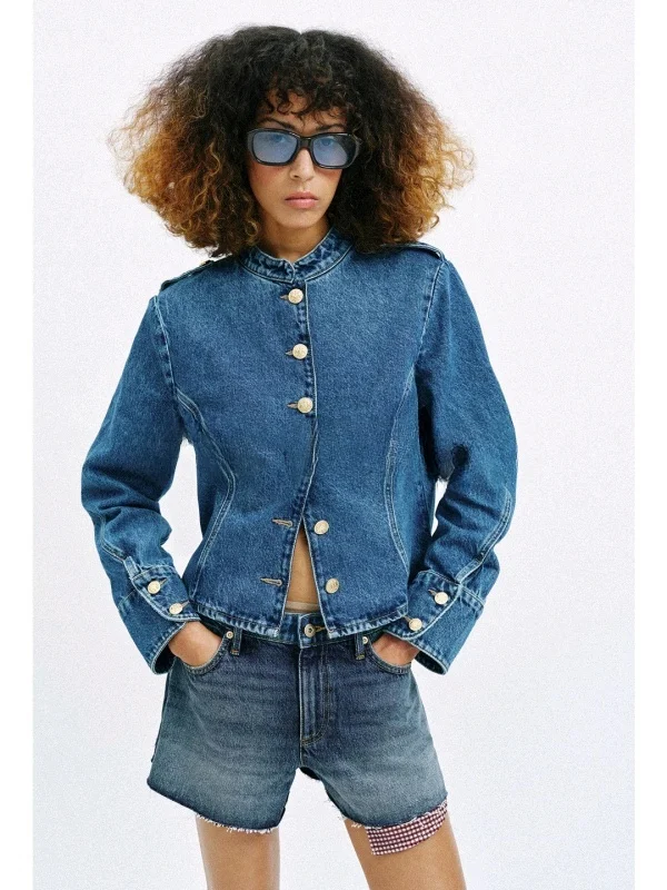 

Golden Plated Button Denim Jacket round Neck Long Sleeve Women's Commute Style Outerwear Shiny Surface Standard Fit Polyester...