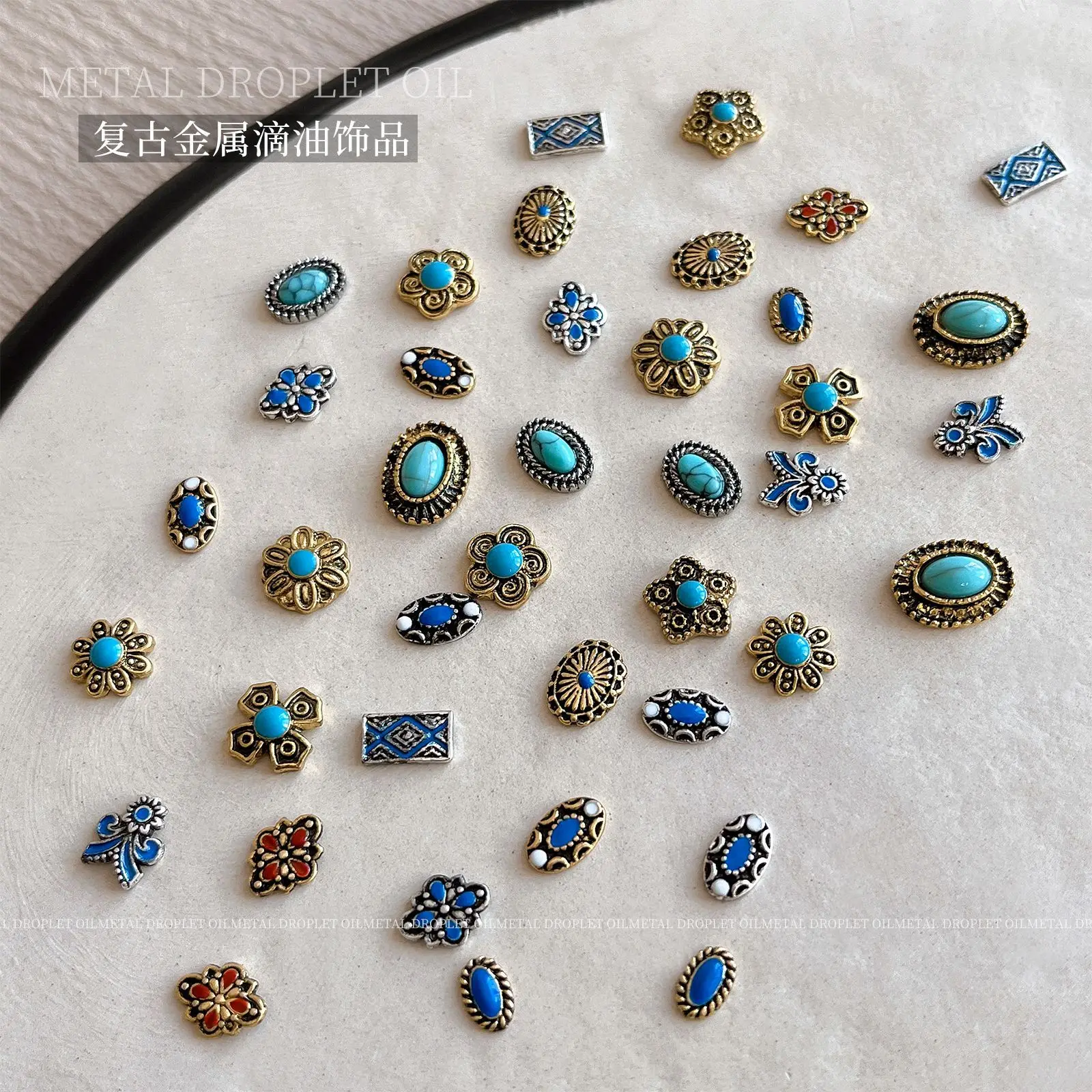 Retro corte chino Noble turquesa aleación Metal flor joyería antigua bohemia étnica accesorios de decoración de uñas decoraciones manicura