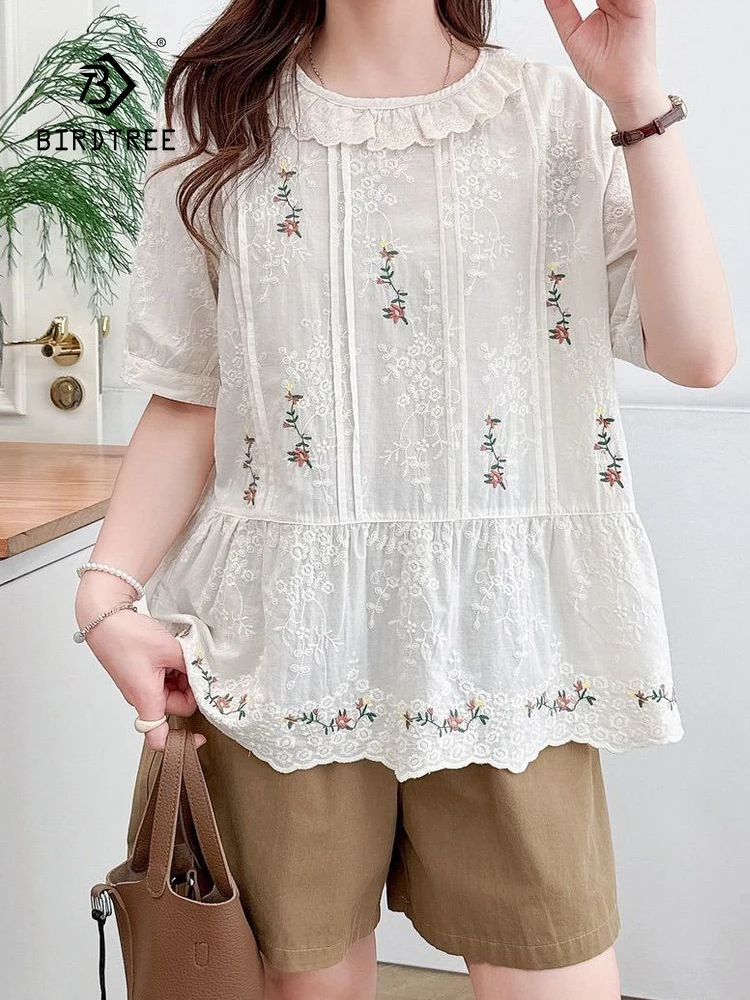 

New 2026 Summer Women Cotton Short Sleeve Shirt, Stand Ruffles Embroidery, Mori Girl Sweet Preppy Style Loose Blouse T65016CC