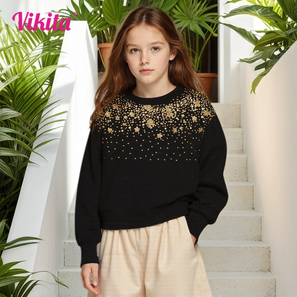 

VIKITA Girl Star Sequined Sweatshirt Outwear Kids Long Sleeve Fall Spring Sports Fashion Casual Cotton Tops Children Clothes