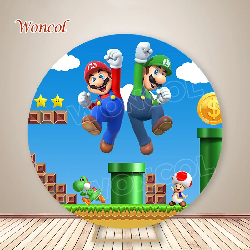 Fondo circular de cumpleaños de Mario Luigi, Fondo de Super Mario Bros, sapo Yoshi, cubierta de cilindro de Mario, accesorios de decoración para Baby Shower