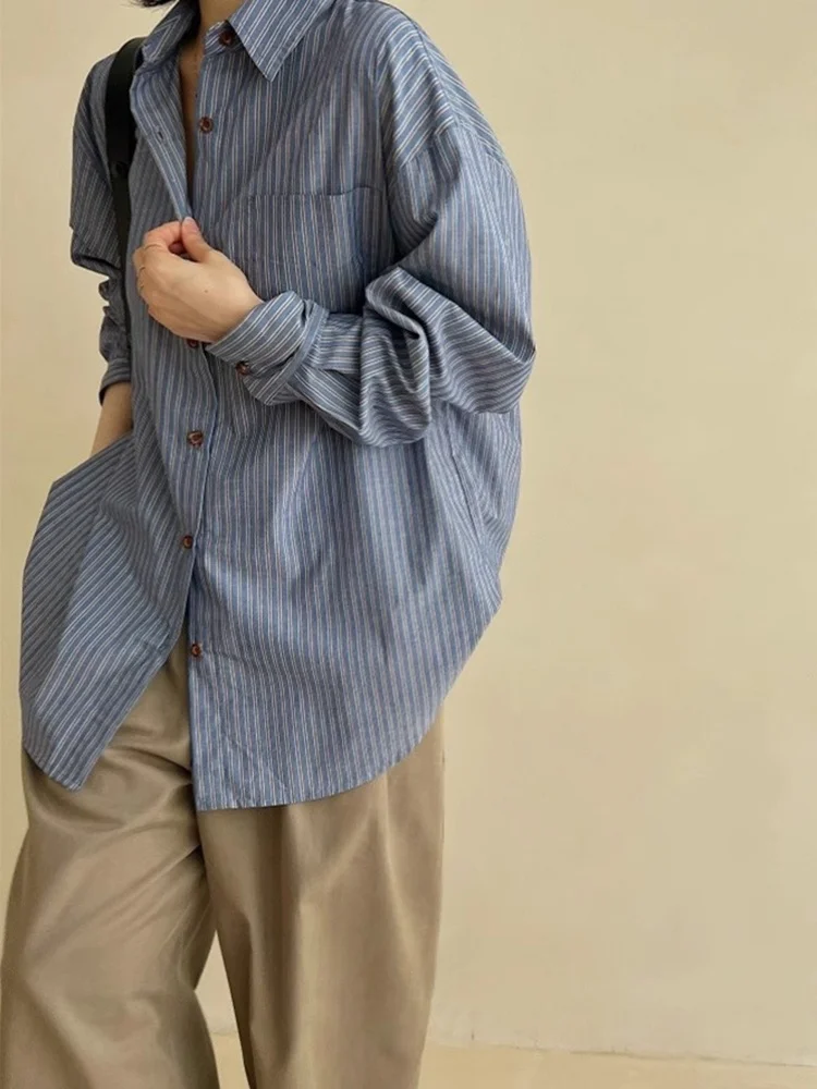 

Spring 2025 Blue Vertical Striped Casual Long Sve Women's irt Vintage Leisure Commute Sle Outerwear Collar Mid-Le...