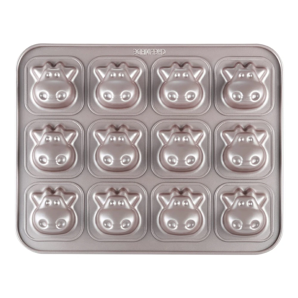 Non-Stick Steel Cute Cow Shape Cake Pan, 12-Cavity Madeleine Cake Mold Baking Dish, Animal Cartoon Muffin Tray Brownie Mold