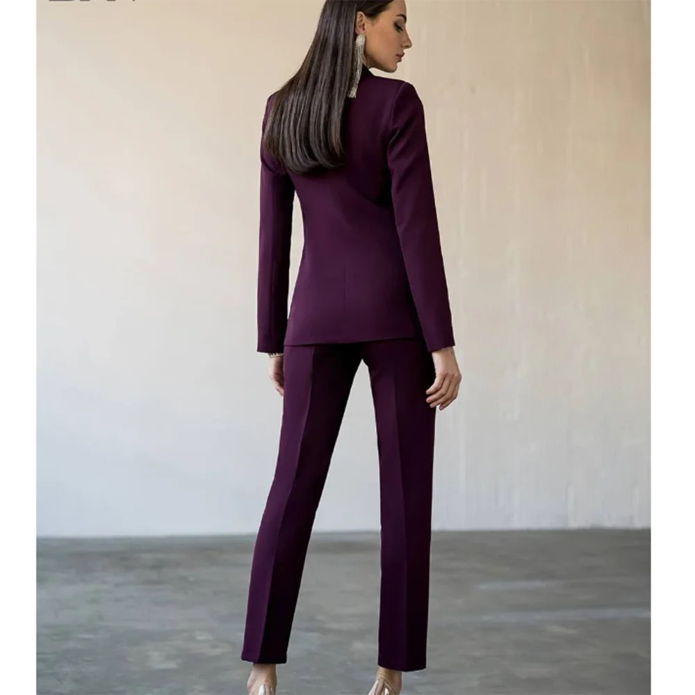 Fashion Chic Burgundy Red Purple Women Suit Double Breasted 2 Piece Jacket Pants Blazer Set Slim Fit Office Lady Female Clothing