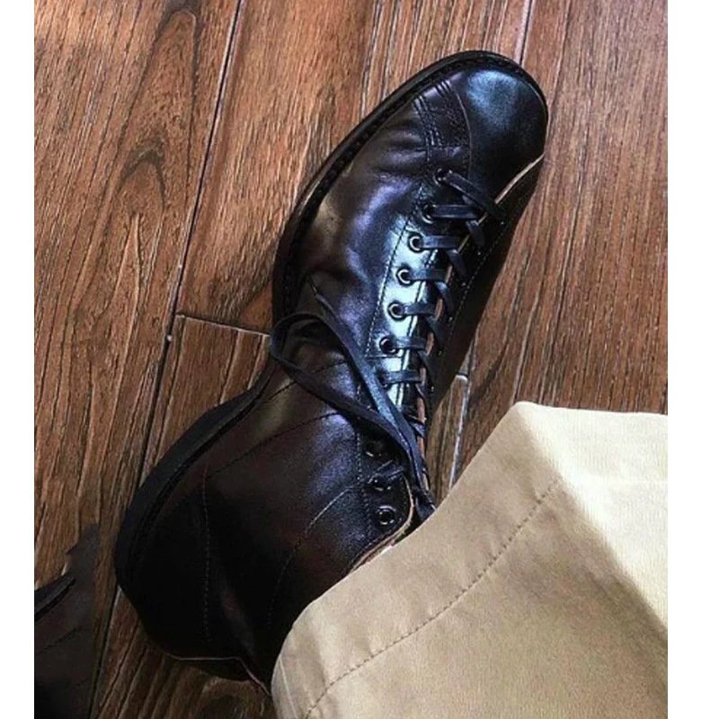 Botas de Boxeo Cortas Vintage para Hombre con Cordones y Costuras, Botas de Trabajo 2026, Botines Casuales, Zapatos de Cuero Retro Estilo Vaquero y Motero para Hombre