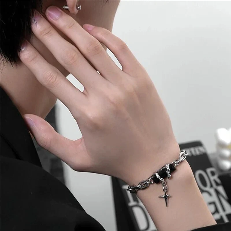 Fashion Crystal Stone Cross Charm For Women Men Punk Style Star Silver Color Chain Adjustable Bracelet Black Blue Crystal