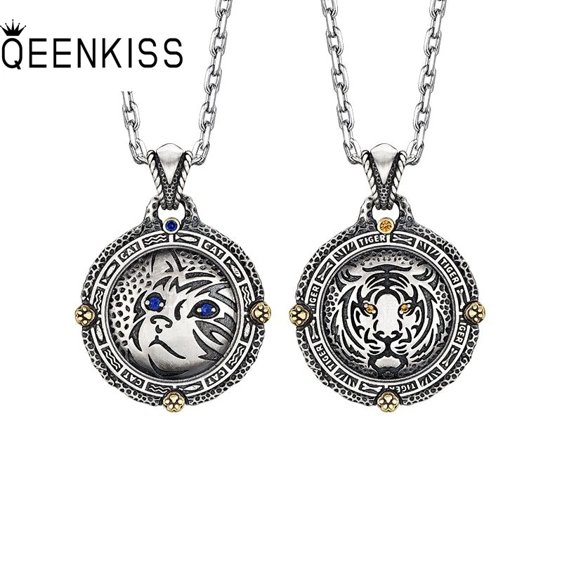 

QEENKISS 925 Sterling Silver Vintage Tiger Cat Necklace Pendant For Women Men Party Birthday Wedding Christmas Father Gift PT649