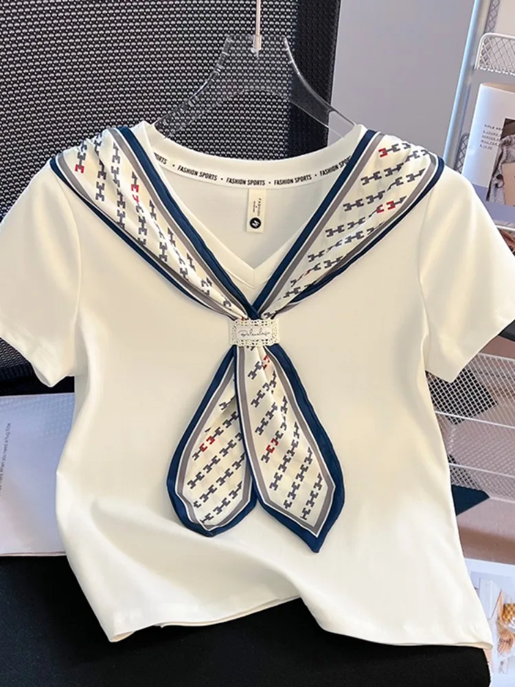 

Футболка Slim Fit из чистого хлопка ort Sve V-Ne, женский модный летний топ с шарфом на плечах, корейский Sle Commute