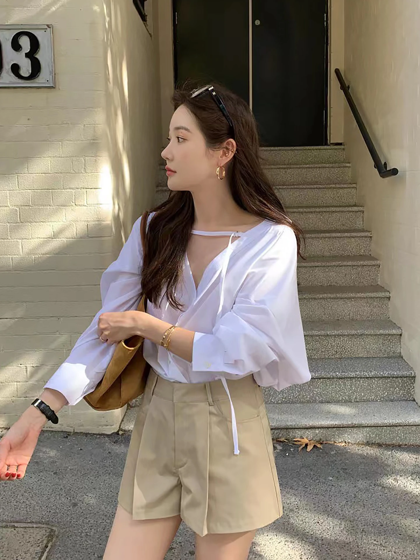 

Autumn 2025 Women's Loose Long Sleeve Shirt V-Neck Tunic Top with Belt Vintage Design Simple Style Polyester Fiber 100%