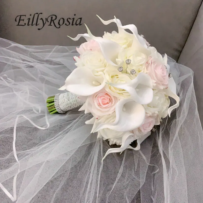EillyRosia ريال اللمس الأبيض والوردي باقة الزفاف للعروس كالا الزنابق الراين الورود رومانسية شريطة من الدانتيل الزهور وهمية