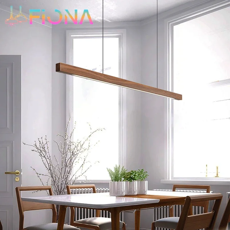 Modern Simple Pendant Light Wooden Long Linear Hanging Lamp For Kitchen Island Lighting Dining Living
