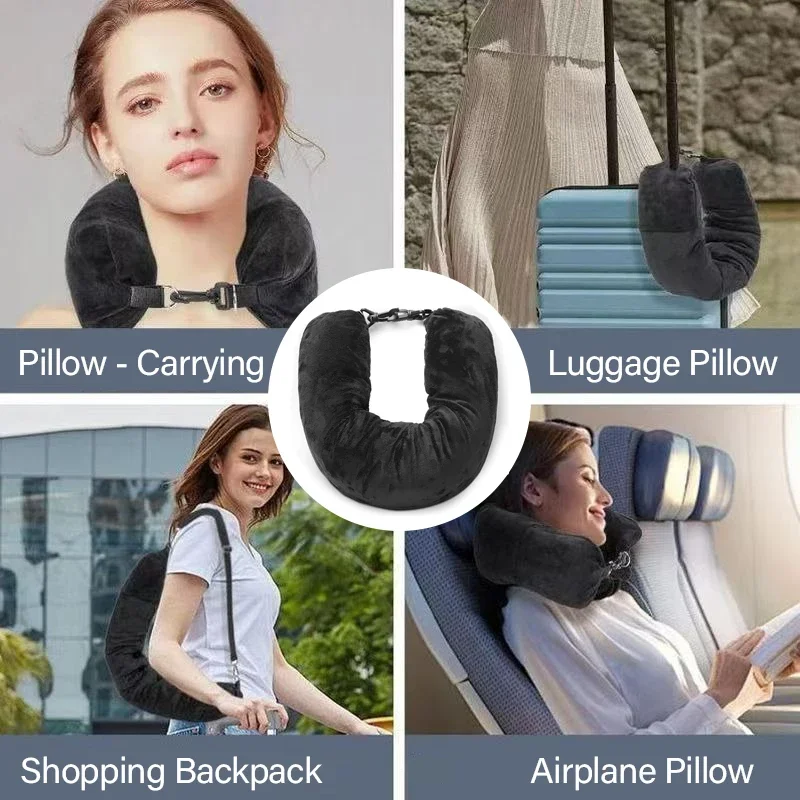 وسادة رقبة للسفر قابلة للتعبئة مع الملابس - تصميم مخملي فائق النعومة على شكل حرف U مع حقيبة تخزين للسفر بالطائرة للرجال والنساء