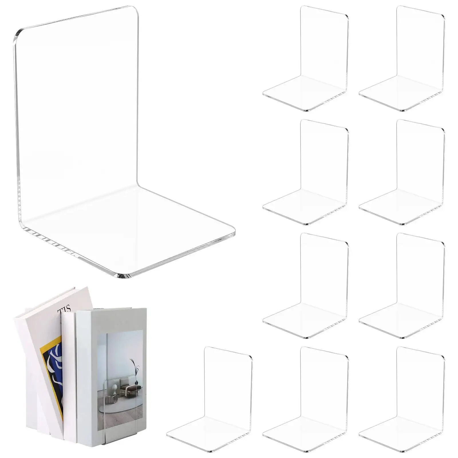 10Pcs L-Shaped Transparent Acrylic Bookends Desktop Book Holder Book Display Stand School Stationery Office Storage