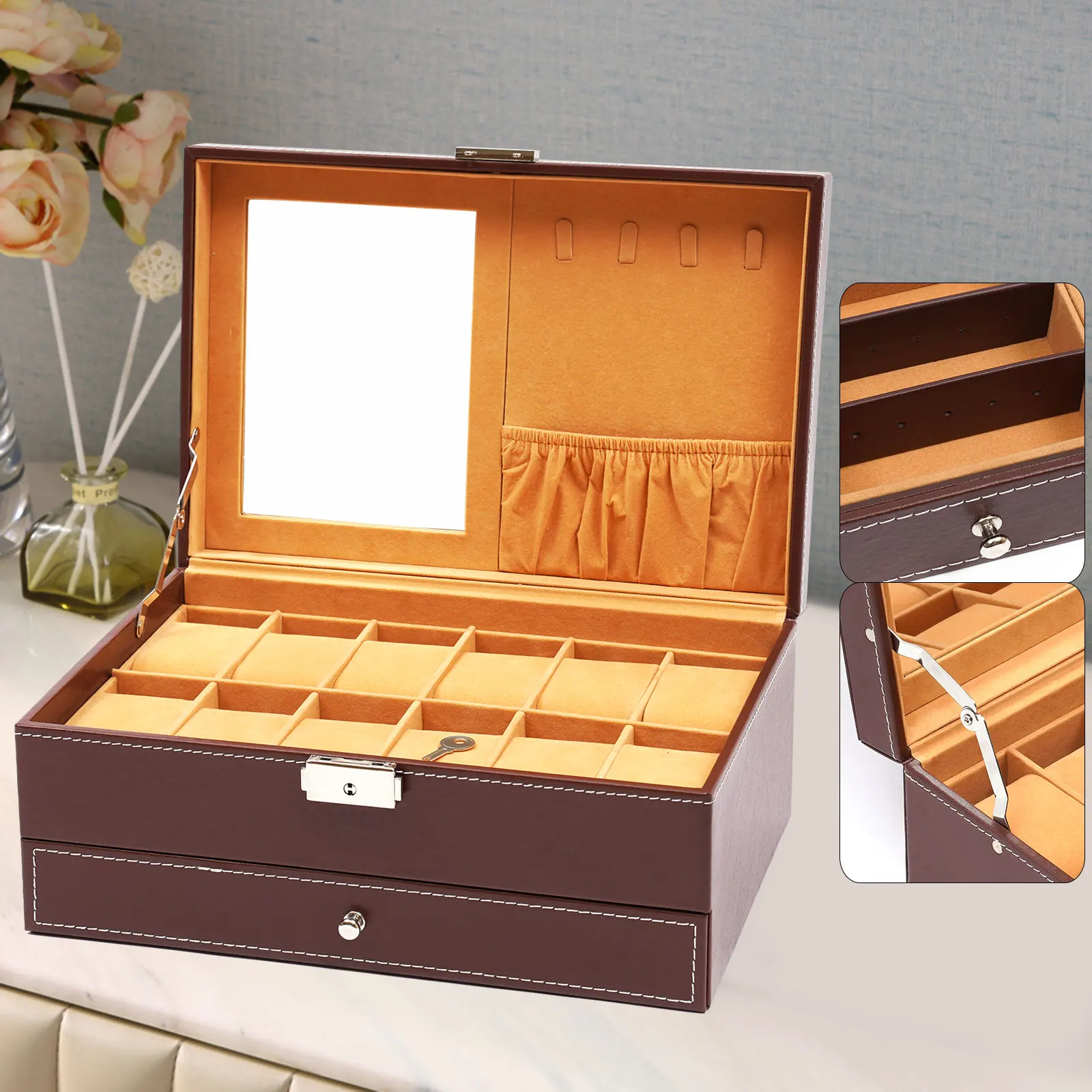 2-Layer Wooden Watch Jewelry Storage Drawer Box Leather Organizer Display Case w/ Mirror & Lock for Ring Necklace Watch Bracelet