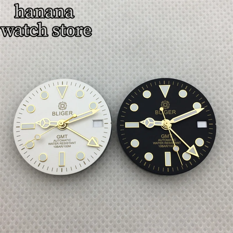 قرص يد BLIGER ذهبي وردي مقاس 29 مم مناسب لحركة GMT NH34 باللون الأخضر المضيء