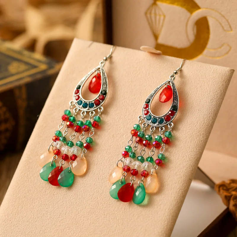 Vintage Bohemian Crystal Water Drop Earrings for Women Elegant Long Silver Color Vacation Style Earring Party Daily Jewelry