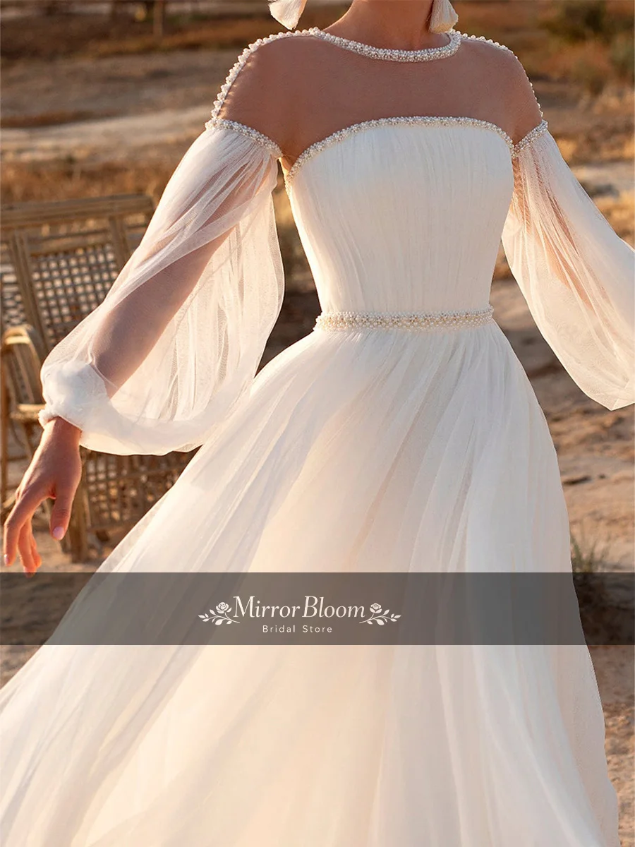 

White Boho Wedding Dress Women Beaded Long Sleeve High Neck A Line Lace Formal Bridal Gown Luxury Beach Wedding Gown Customized