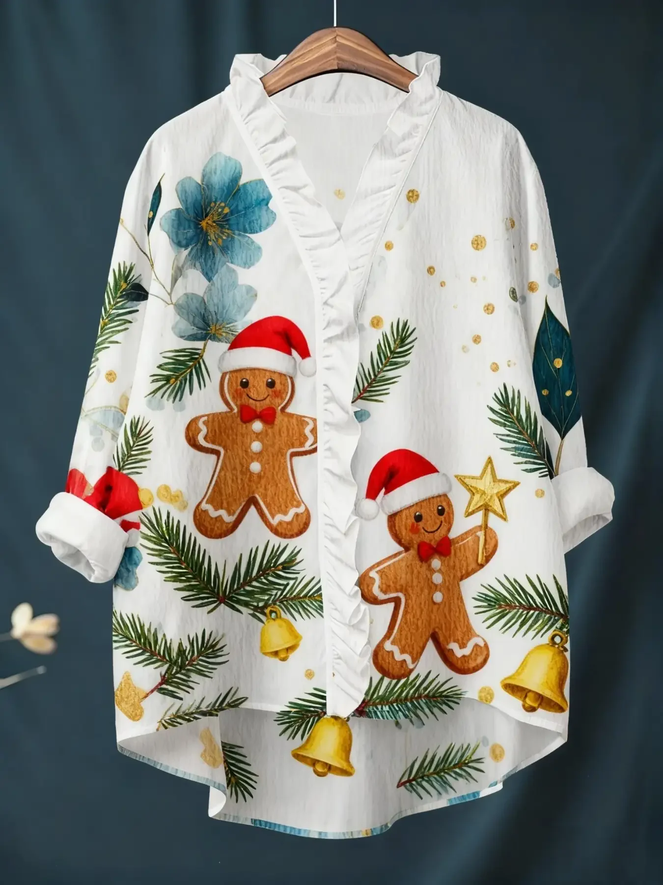 قميص نسائي جديد بأكمام طويلة مطبوع رقميًا لعيد الميلاد مع ياقة مكشكشة، مقاس فضفاض، ملابس حمراء وحيوية #2