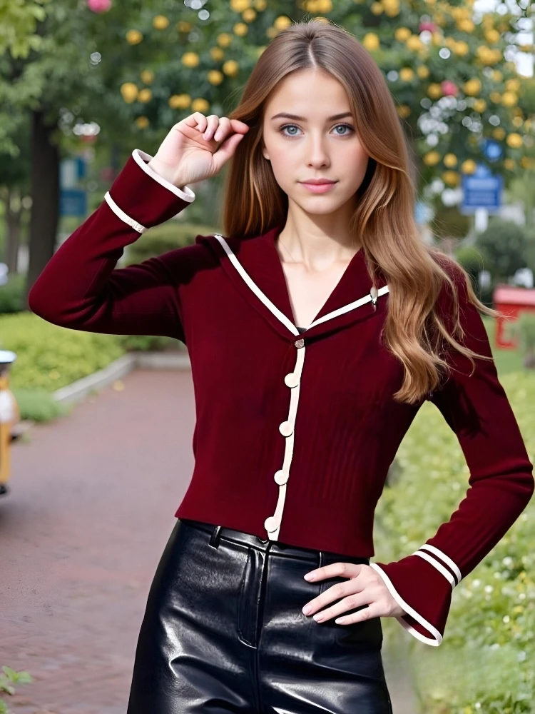 

2025 г., кардиган с матросским воротником и длинными рукавами в консервативном стиле, элегантный красный вязаный топ, осенний свитер с расклешенными рукавами, повседневный трикотаж