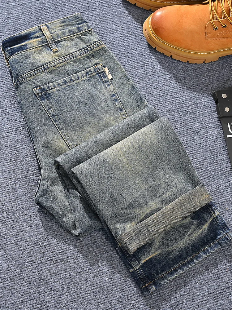 남성용 올드 진, 루즈핏 스트레이트 워싱 레트로 데님, 고급 헤비웨이트 패션, 도시적인 멋진 바지