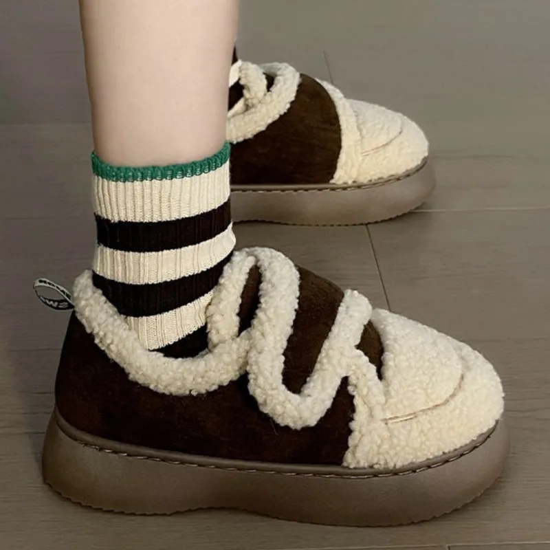 2023 Winter Women Plush Flats Moccasin Cotton Shoes Women Girls Suede Bread Flats Keep Warm Thick Cotton Shoes At Home Loafer