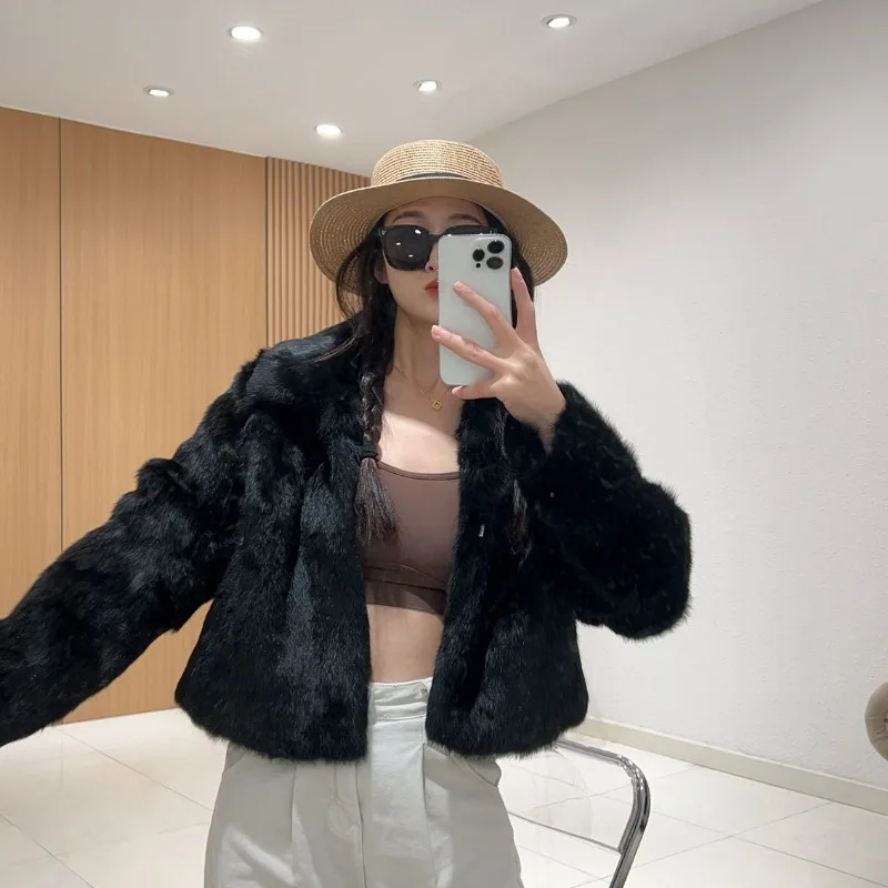 Women's Clothing Retro Rabbit Fur Full Fur One Piece Short Coats High-end Coat Autumn Winter New Real Fur Coat Long-sleeved Top